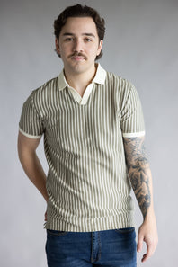 Denim & Flower Striped Crotchet Knit Sweater Polo for Men in Green/Cream