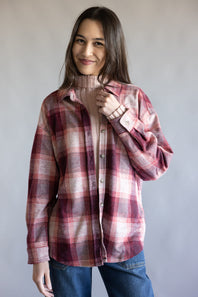 C&C California Kat Oversized Plaid Knit Shirt for Women in Red Plaid