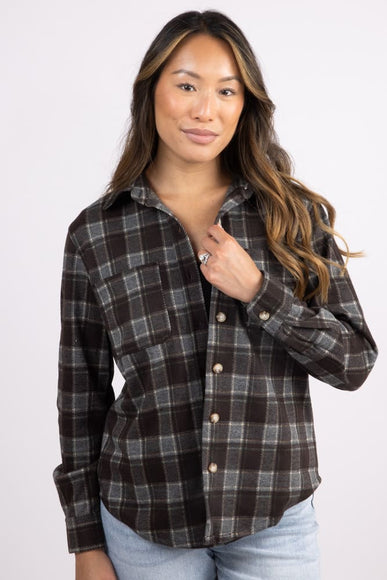C&C California Marina Jacquard Plaid Button Up Shirt for Women Silver Grey