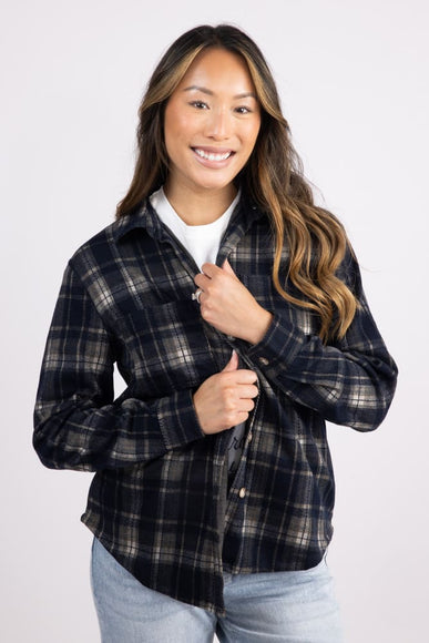 C&C California Marina Jacquard Plaid Button Up Shirt for Women in Navy