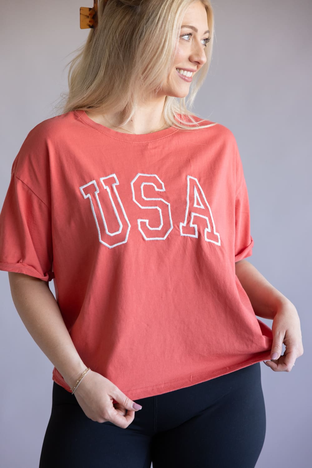 C&C California Melissa Embroidered USA T-Shirt for Women in Cranberry
