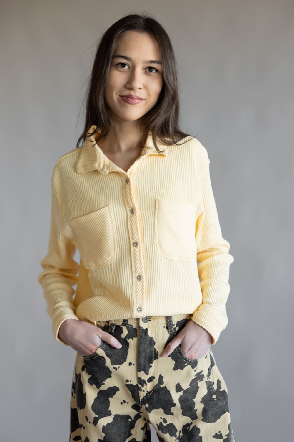C&C California Mineral Wash Thermal Button Front Shirt for Women in Golden Fleece