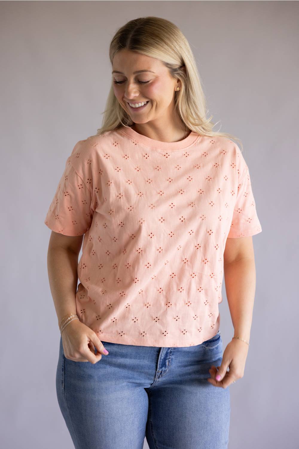 C&C California Toni Eyelet Boxy Crew Tee for Women in Coral Pink
