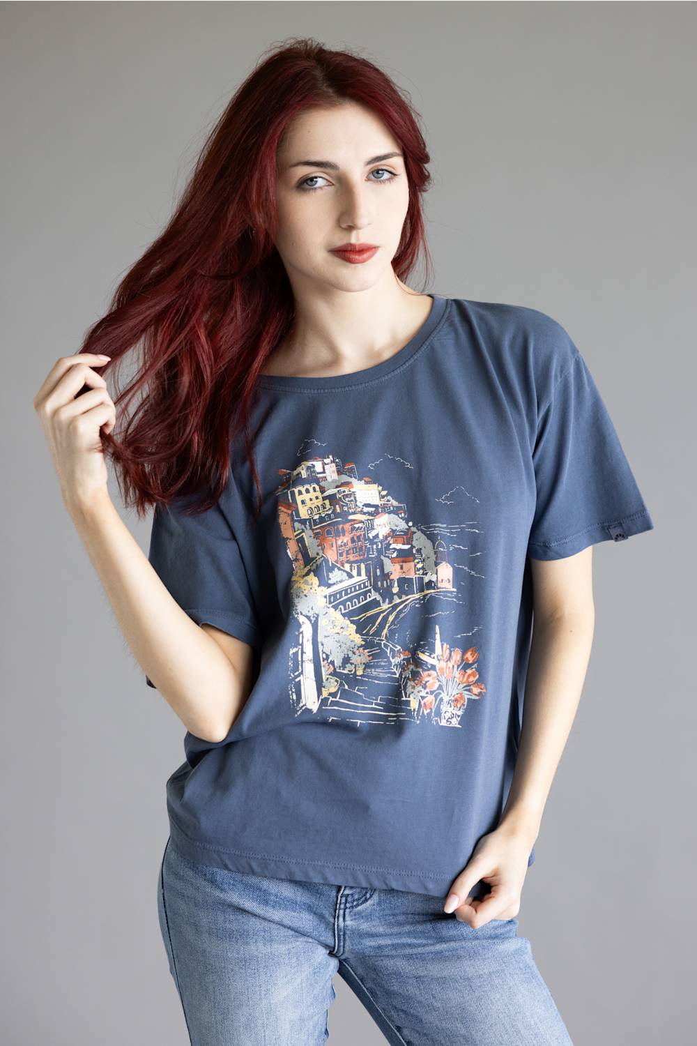C&C California Toni Seaside Town Boxy Crew Tee for Women in Vintage Indigo