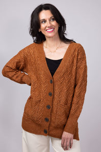 Cable Knit Button Front Cardigan for Women in Cinnamon Stick