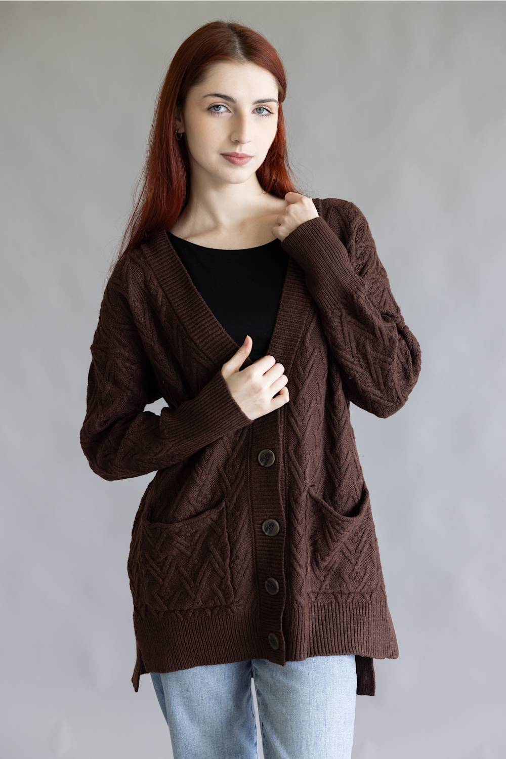 Cable Knit Button Front Cardigan for Women in Cocoa