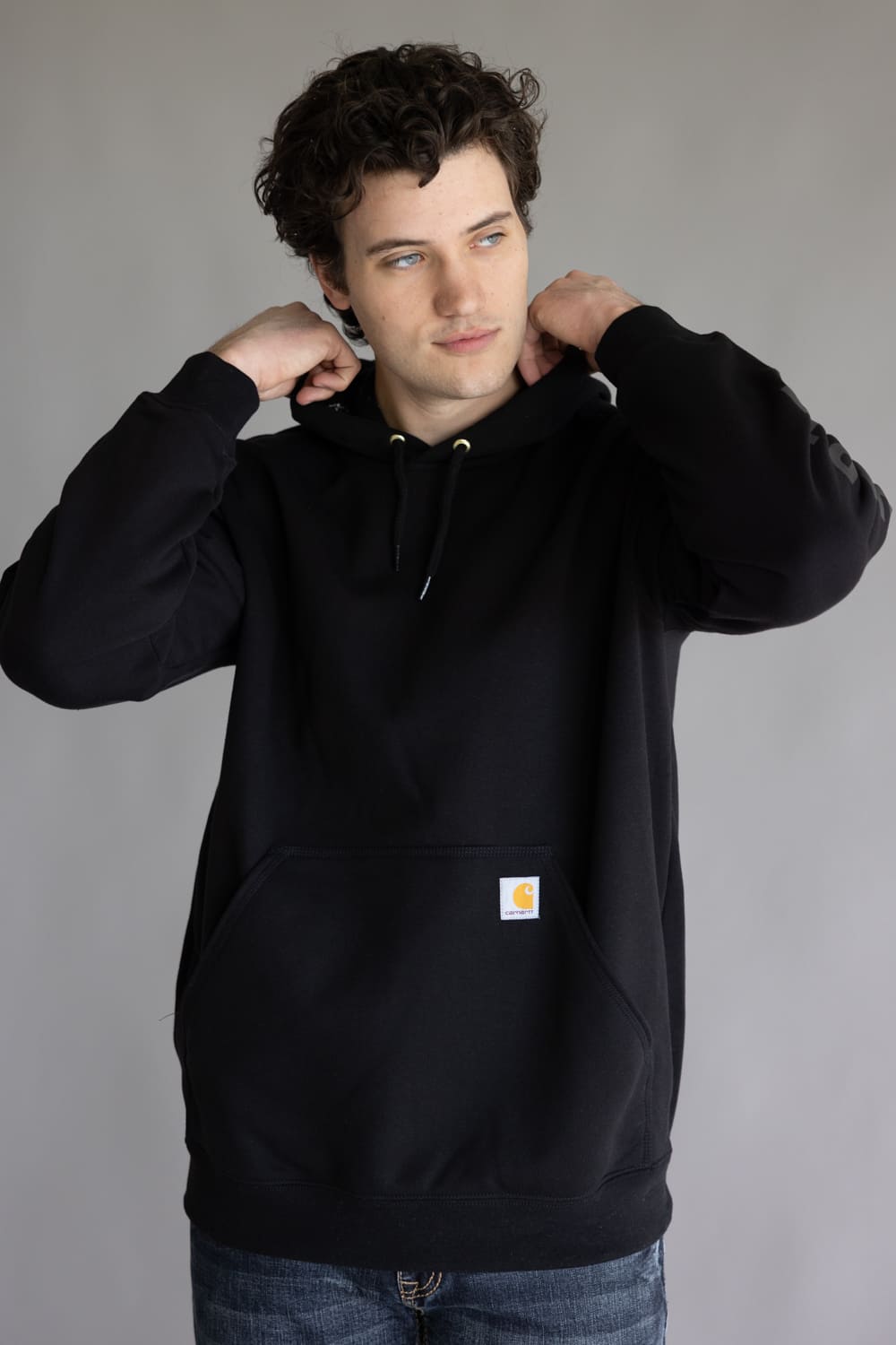 Carhartt Rain Defender Midweight Logo Sleeve Hoodie for Men in Black