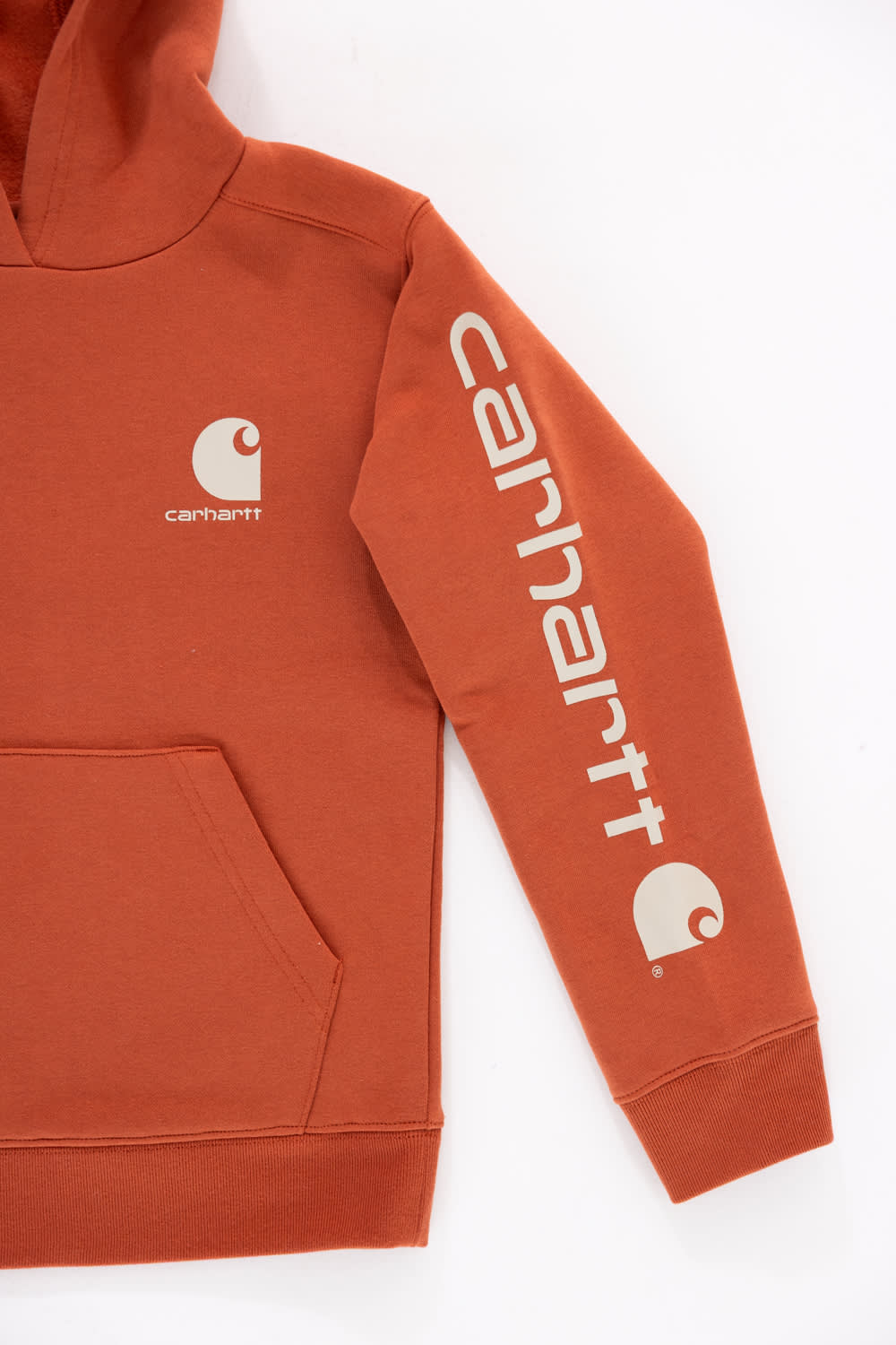 Back view of a boys' burnt brick orange pullover hoodie with an attached hood, ribbed waist hem and sleeve cuffs, and a bold white Carhartt logo visible along the left sleeve against a solid white background.