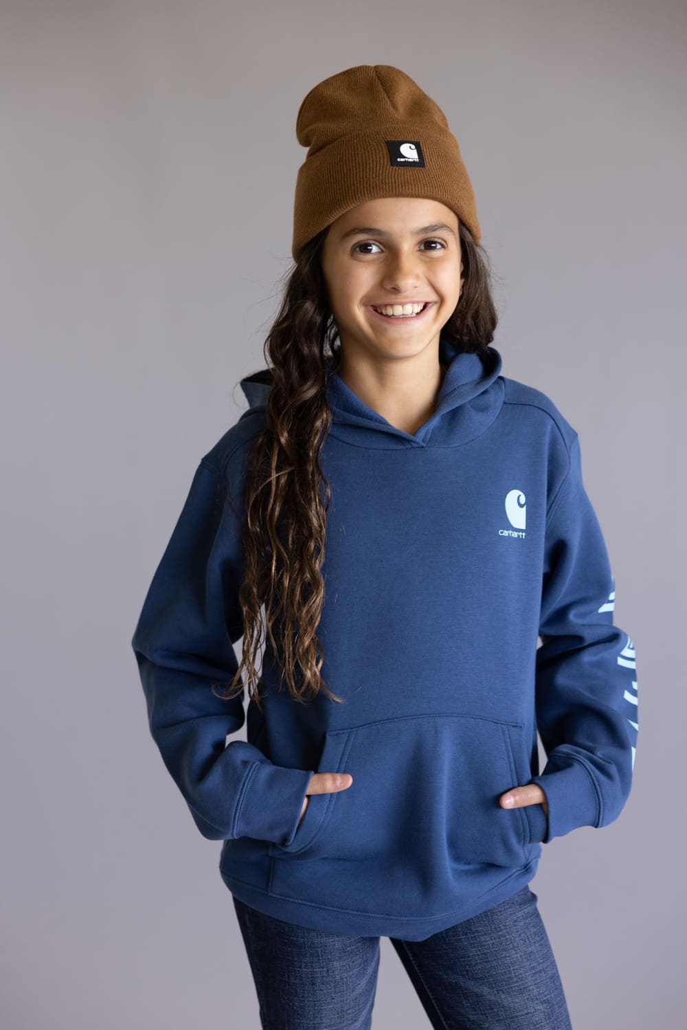 Carhartt Youth Classic Pullover Hoodie for Girls in Dark Denim Blue