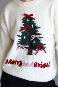 Christmas Tree Bow Sweater for Women in Cream