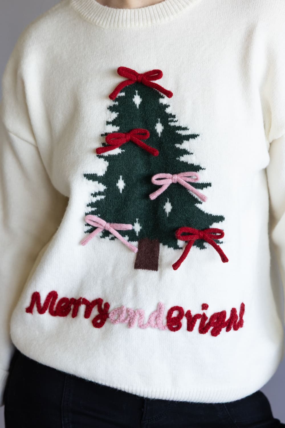 Christmas Tree Bow Sweater for Women in Cream