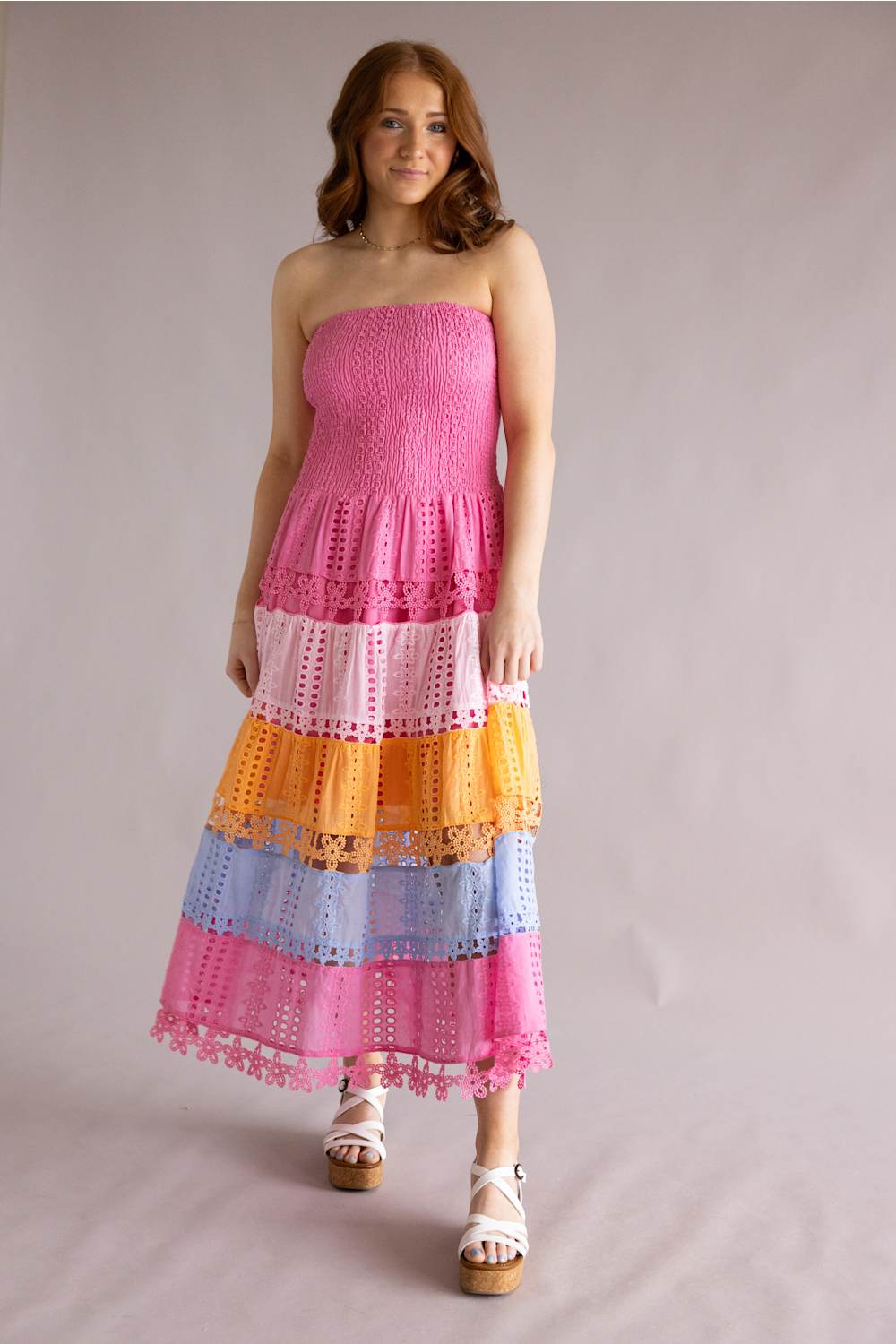 Color Block Eyelet Lace Strapless Midi Dress for Women in Pink/Multi
