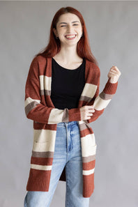 Color Block Striped Cardigan for Women in Wine