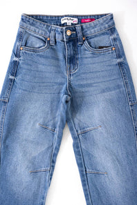 Light blue denim jeans with a BARREL-leg fit, laid flat on a white background.