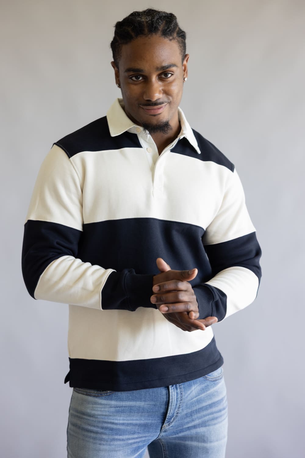 Denim & Flower Stripe Polo Fleece for Men in Cream/Navy | CSWS