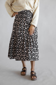 Ditsy Floral Tiered Smocked Waist Midi Skirt for Women in Black/Taupe