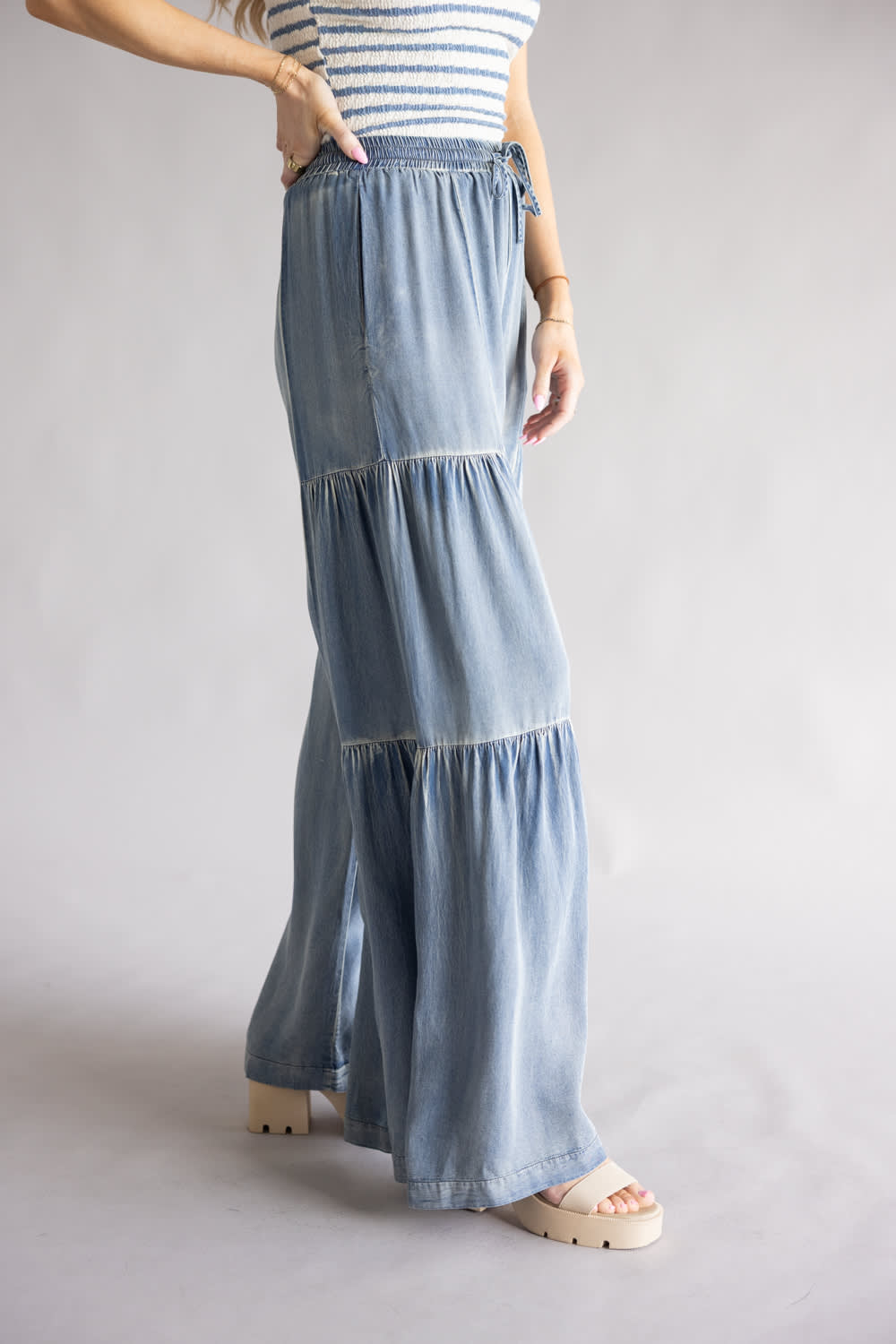 Side Ruffle Washed Wide Leg Pants for Women in Denim | DS0417