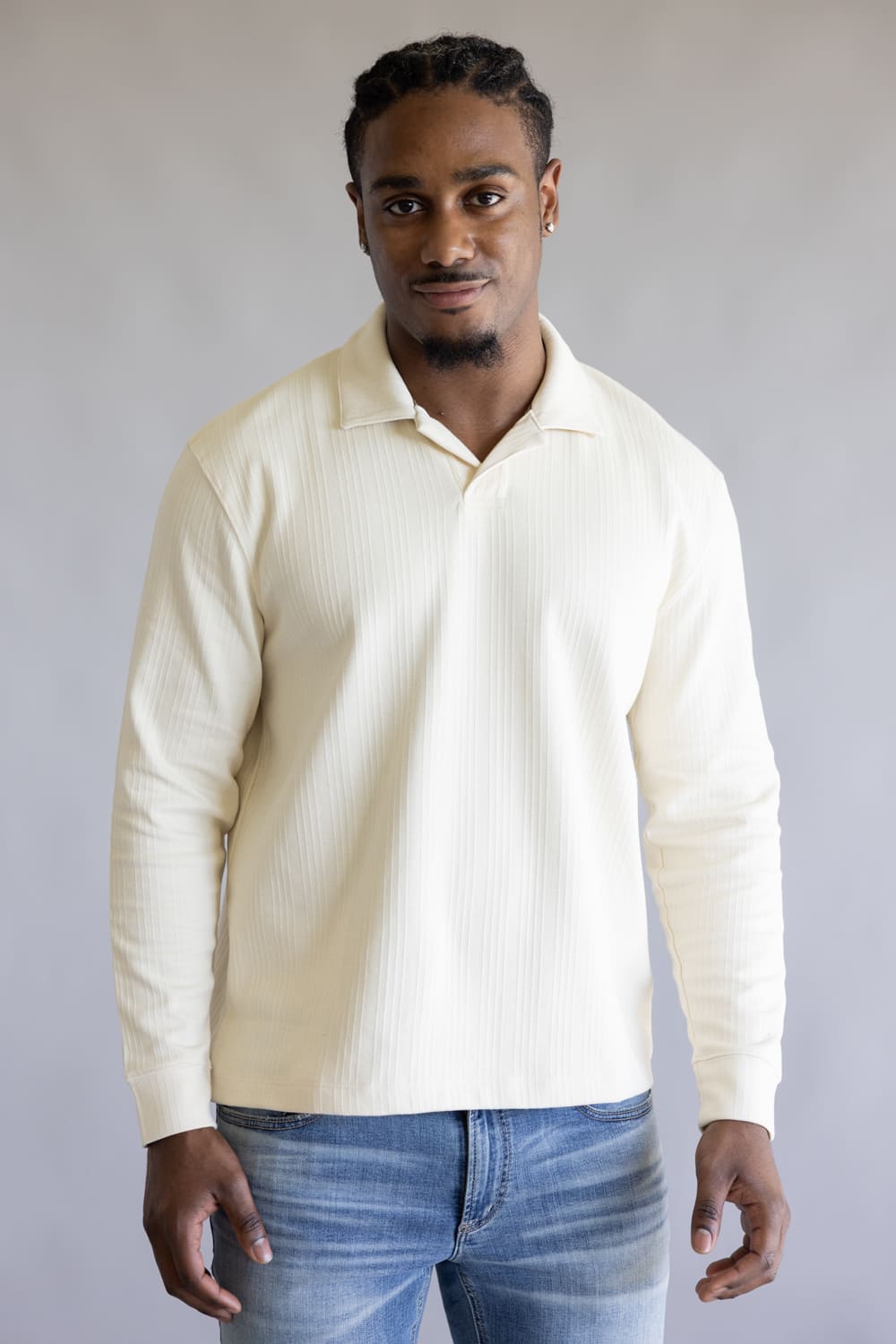 Denim & Flower Long Sleeve Polo Shirt for Men in Cream