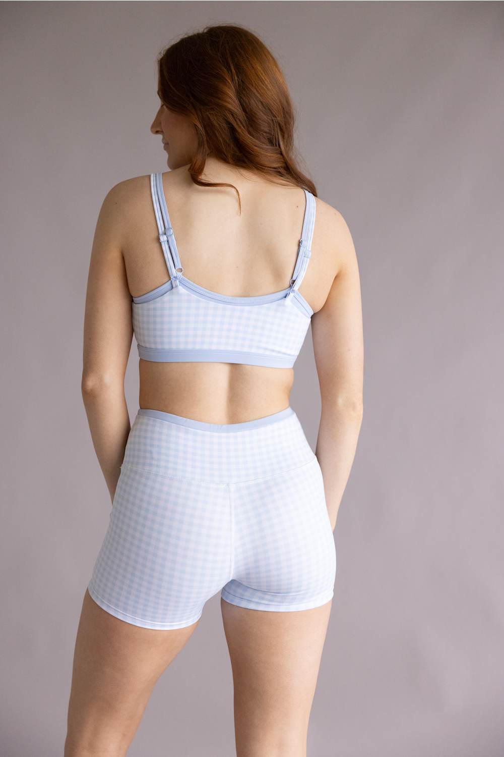 Double Layer Gingham Biker Shorts for Women in Light Blue