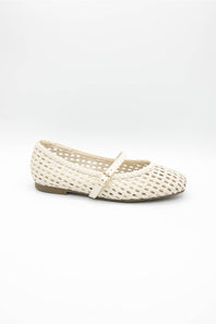 A single cream-colored woven mesh Mary Jane flat shoe with a small gold buckle, shown on a light gray studio background.