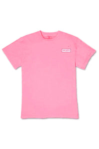 A pink short-sleeve crewneck t-shirt with a small rectangular white logo patch on the left chest, displayed flat against a white background.