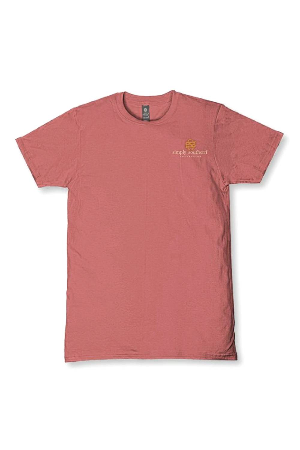 A short-sleeve crewneck t-shirt in a dusty rose or muted coral pink color, featuring a small yellow and white 'simple natural' logo on the left chest, displayed flat against a white background.