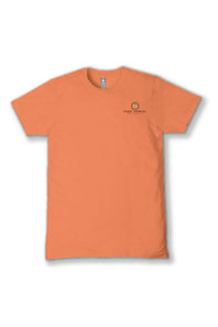 An orange short-sleeve crewneck t-shirt with a small circular logo on the left chest, displayed flat against a white background.