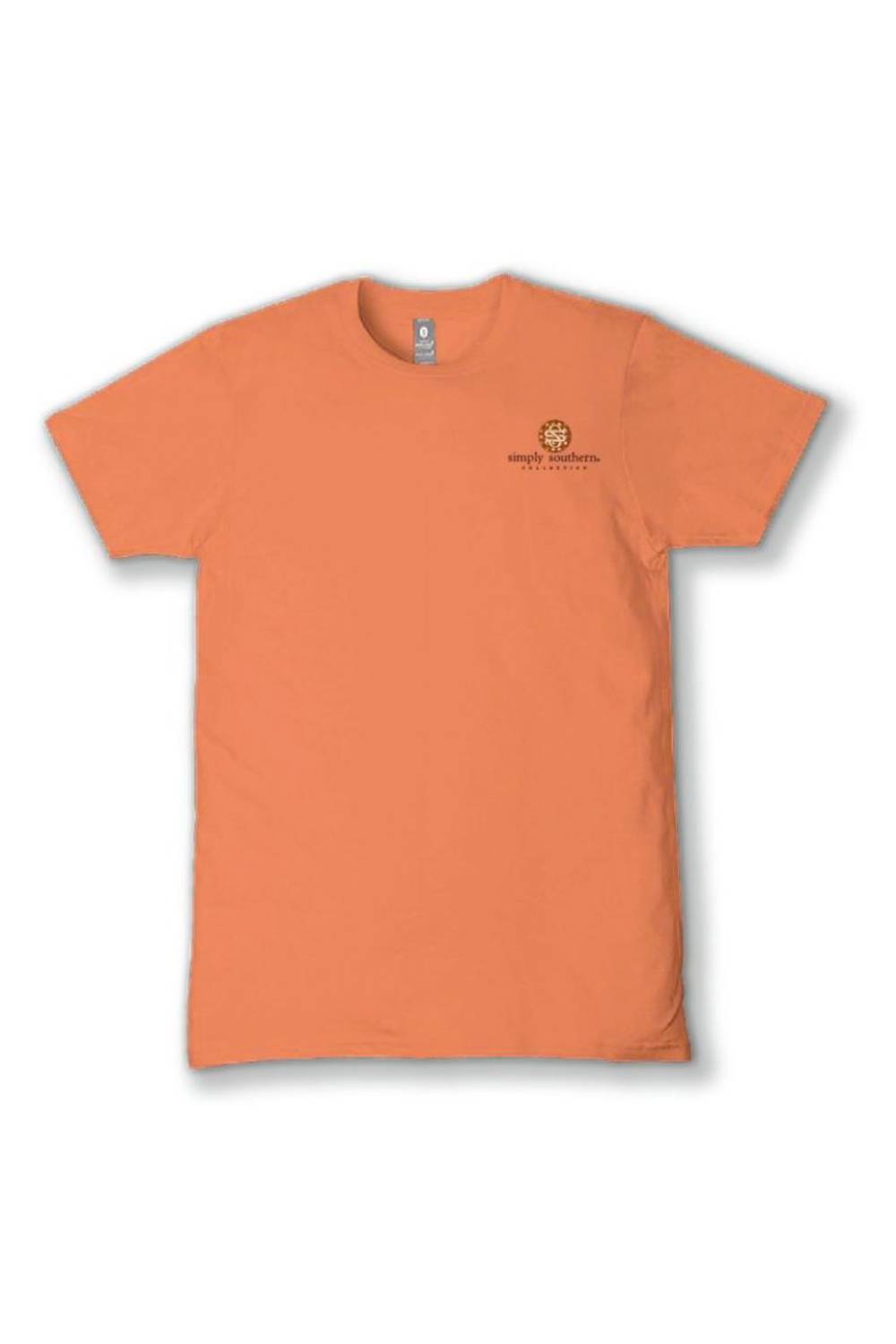 An orange short-sleeve crewneck t-shirt with a small circular logo on the left chest, displayed flat against a white background.