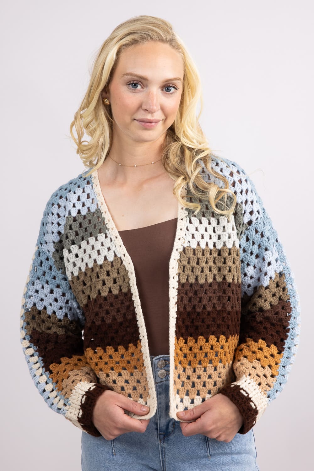 Elan Crochet Muti Stripe Cardigan for Women in Neutral Multi