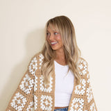 Granny Square Crochet Cropped Cardigan for Women in  Beige/White