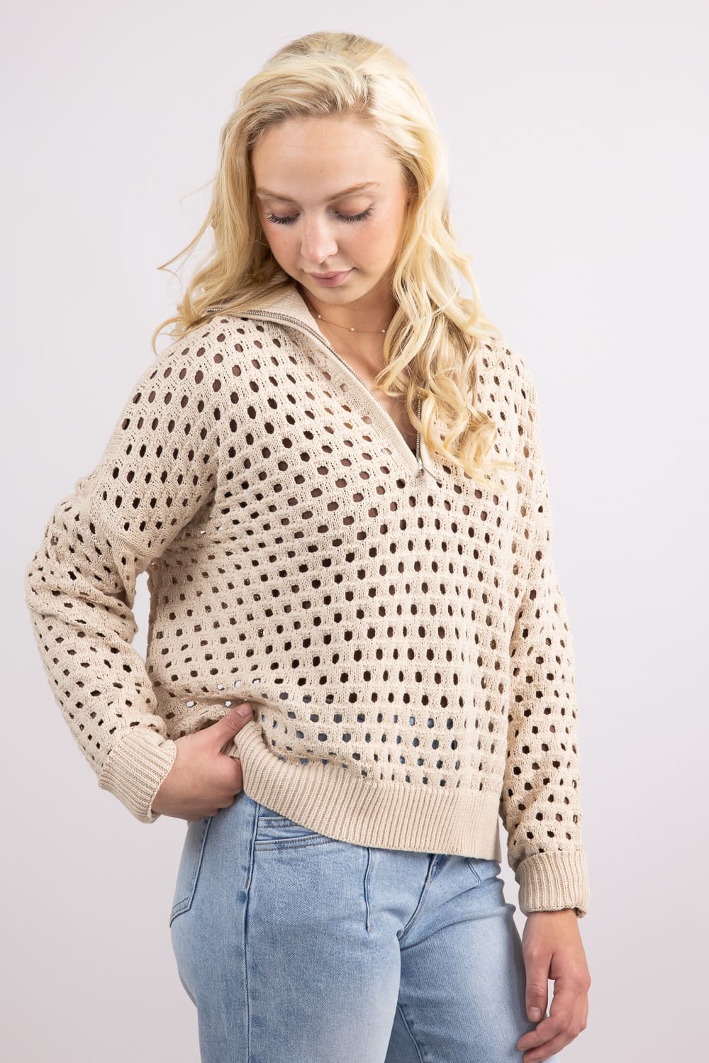 ◎Eaphi FRONT HOLE SUMMER KNIT Elan Open Knit Front ½ Zip Sweater for Women in Oatmeal