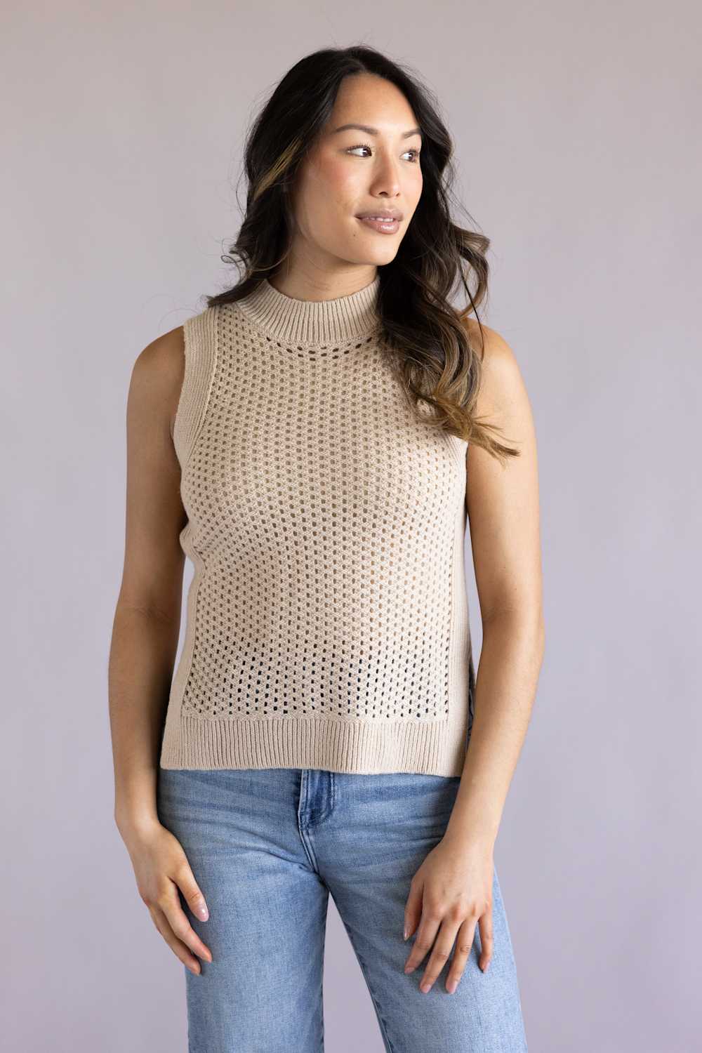 Elan Open Knit Sweater Tank for Women in Sand