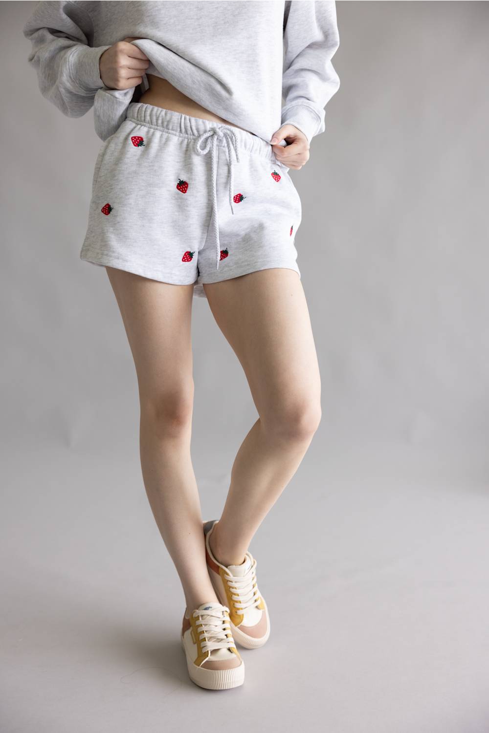Embroidered Strawberry Fleece Shorts for Women in Ice Grey