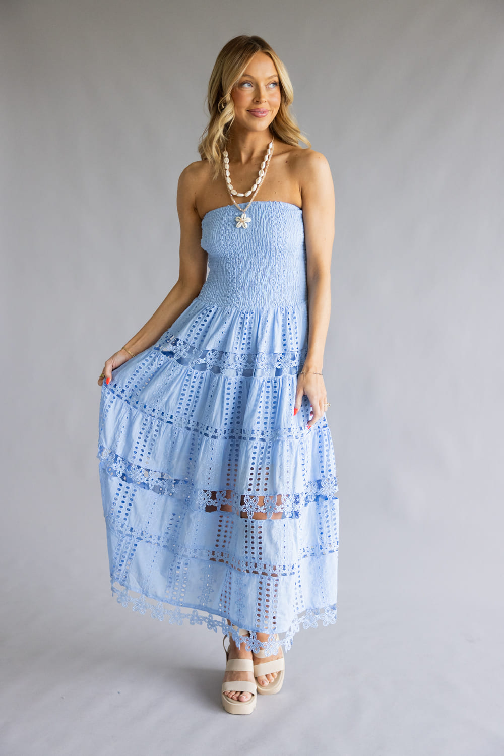Eyelet Lace Strapless Midi Dress for Women in Blue