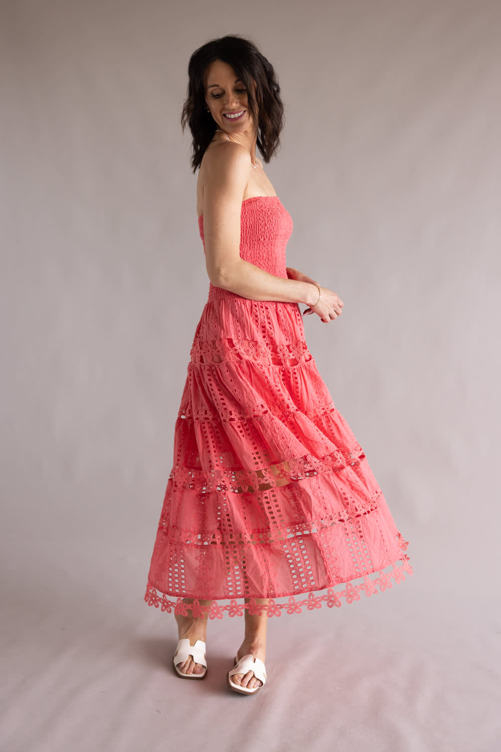 Eyelet Lace Strapless Midi Dress for Women in Coral