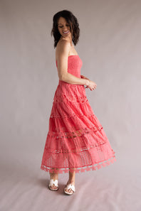 Eyelet Lace Strapless Midi Dress for Women in Coral