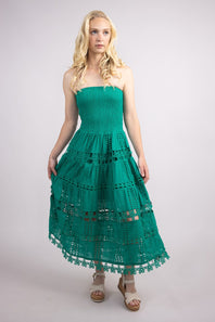 Eyelet Lace Strapless Midi Dress for Women in Emerald