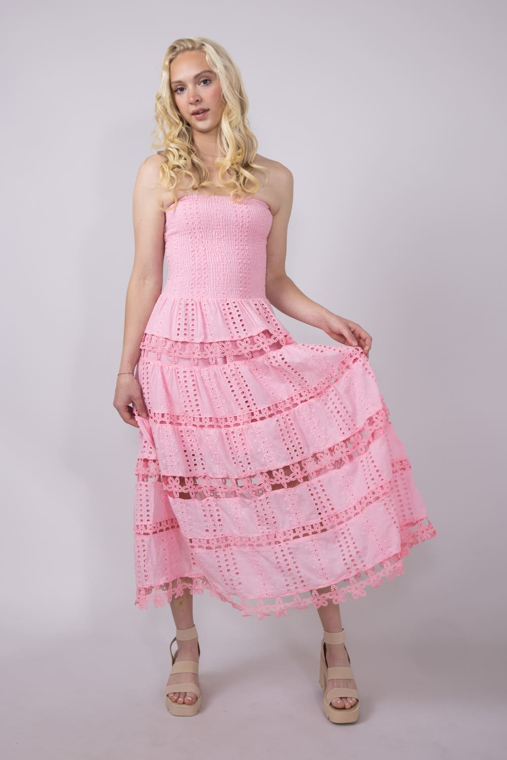 Eyelet Lace Strapless Midi Dress for Women in Pink