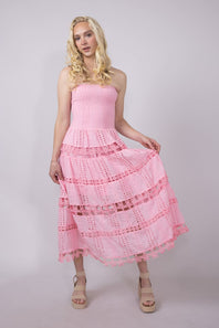 Eyelet Lace Strapless Midi Dress for Women in Pink