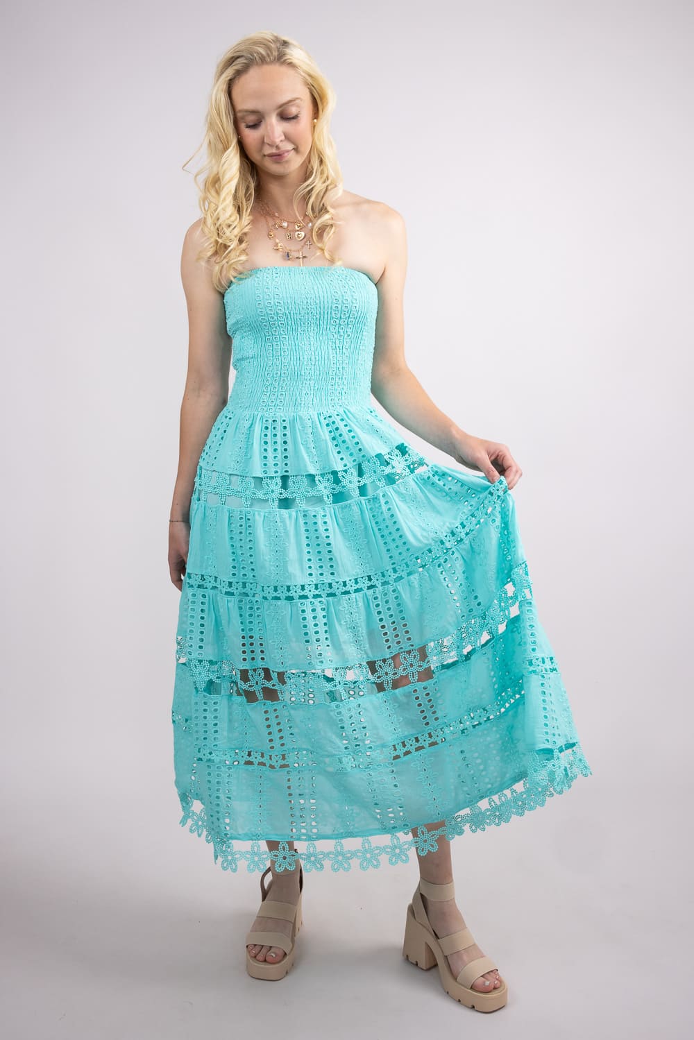 Strut & Bolt Eyelet Strapless Midi Dress for Women in Tiffany Blue at Glik's , M Strut & Bolt Eyelet Strapless Midi Dress for Women in Tiffany Blue at Glik's , M