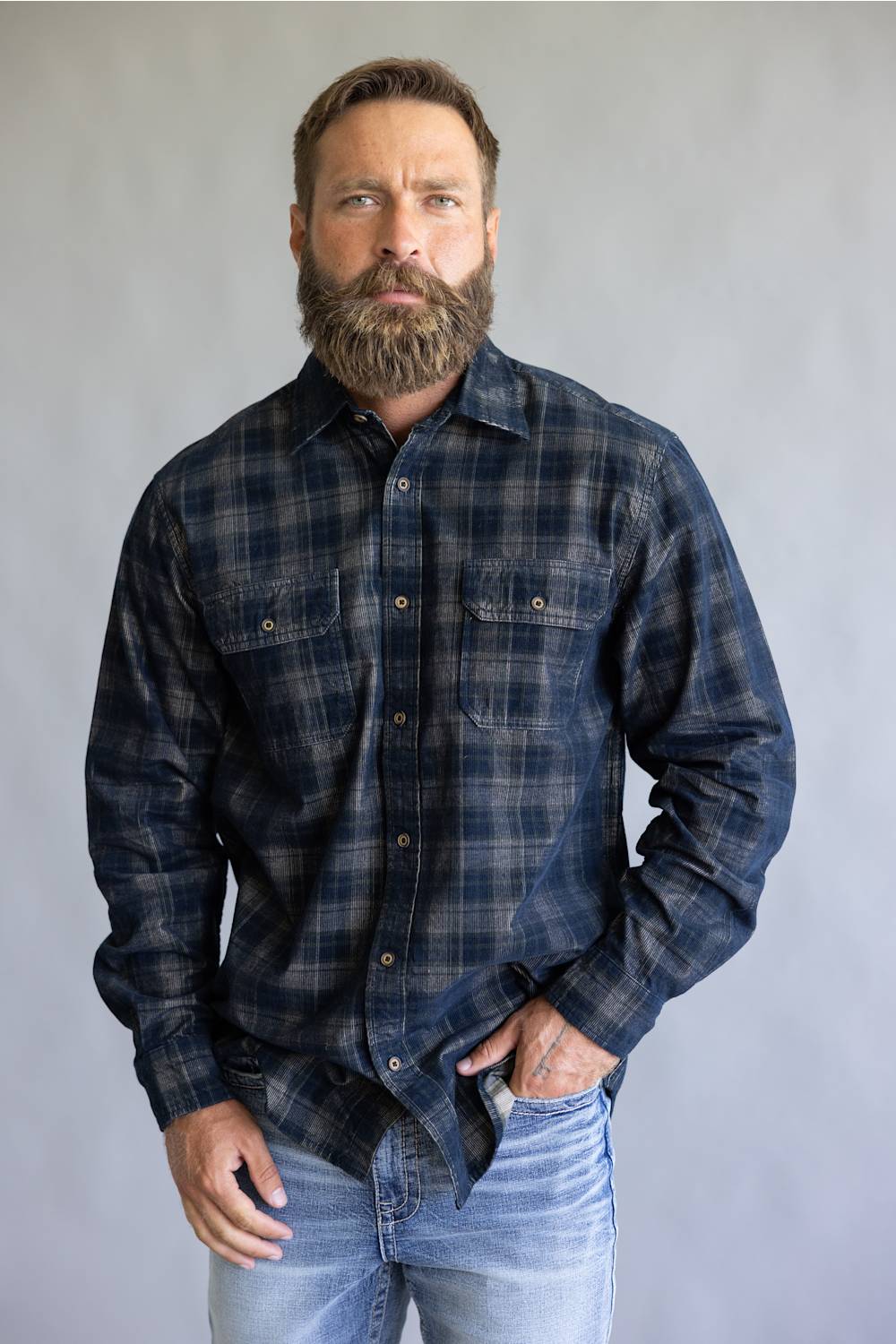 1897 Legends Corduroy Reverse Plaid Flannel Shirt for Men in Navy Olive | F13006-NAVYOLIVE