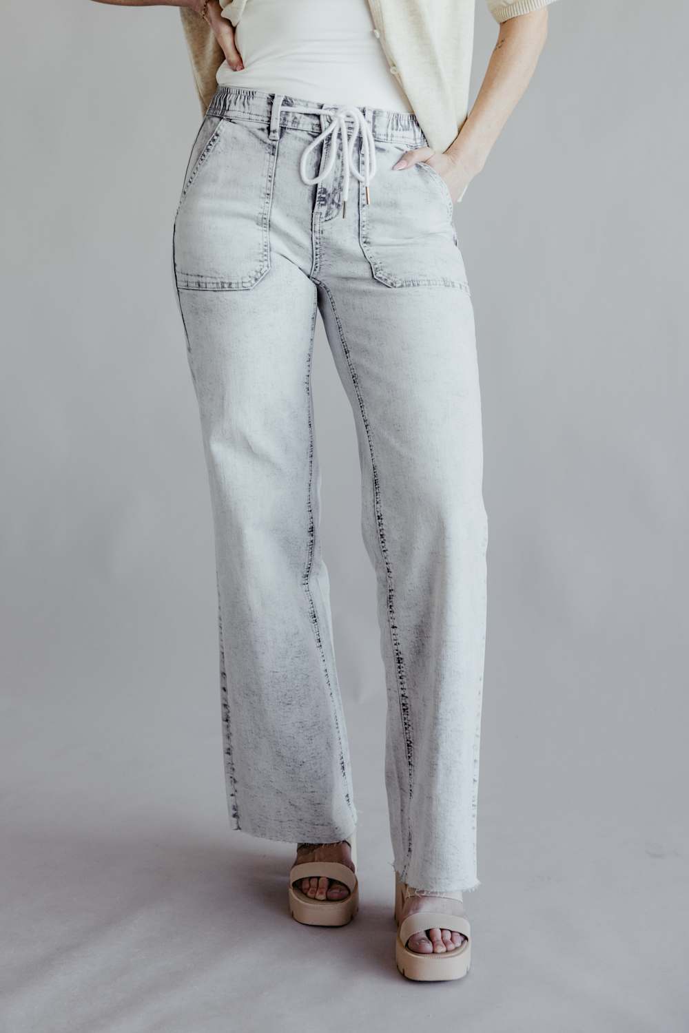 Flying Monkey High-Rise Drawstring Wide Leg Jeans for Women in Light Grey