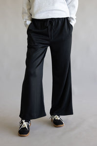 Ruffle Waist Modal Wide Leg Pants for Women in Black