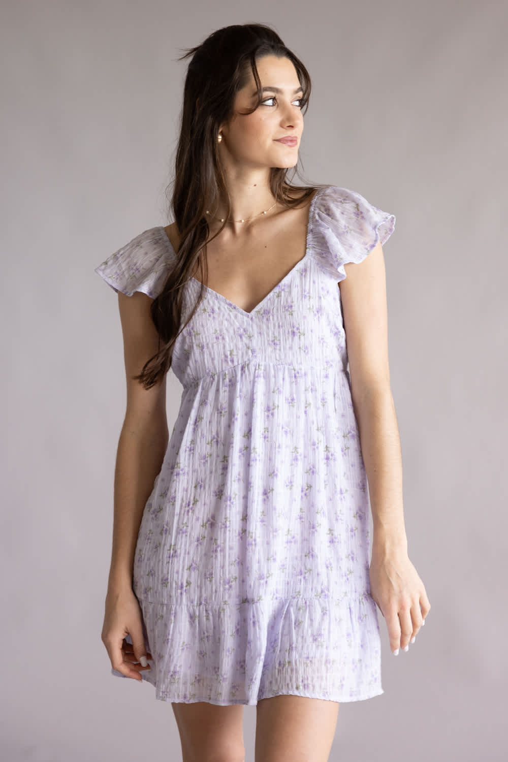 Floral Flutter Sleeve Dress for Women in Lilac