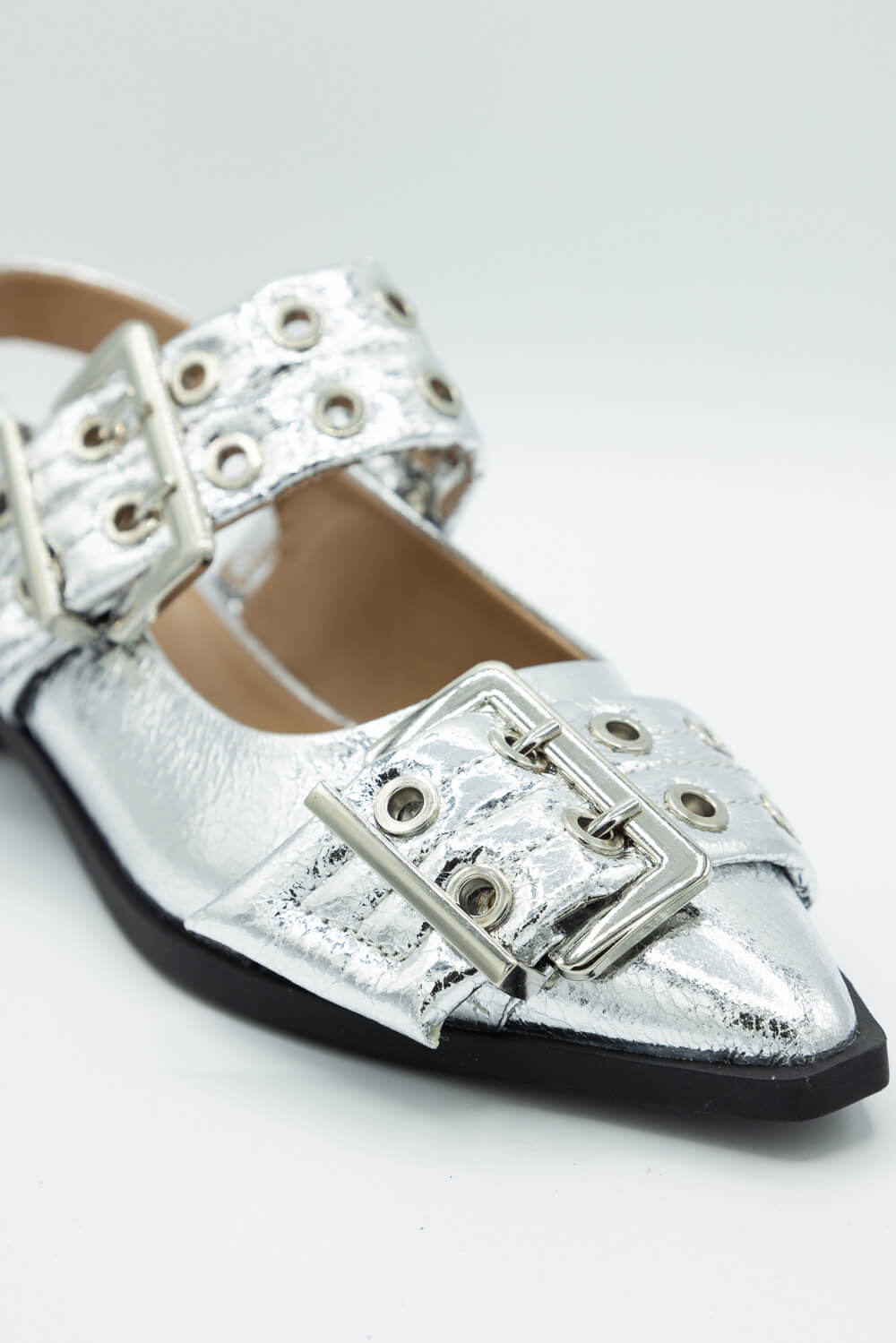 Soda Grillo Buckle Sling Flats for Women in Silver GRILLOS SILVER