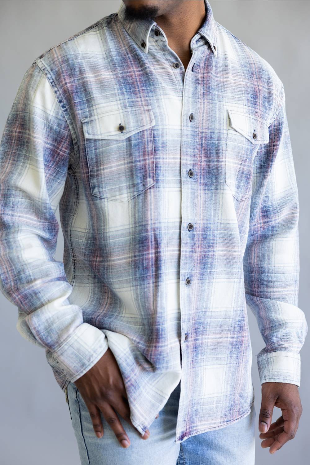 FX Fusion Washed Plaid Flannel Shirt for Men in Ecru/Indigo