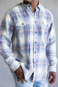 FX Fusion Washed Plaid Flannel Shirt for Men in Ecru/Indigo