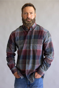 Button down collared flannel shirt in long sleeves, on a blue and red color scheme 
