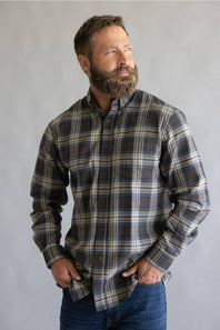 Brown and blue button down flannel shirt with long sleeves