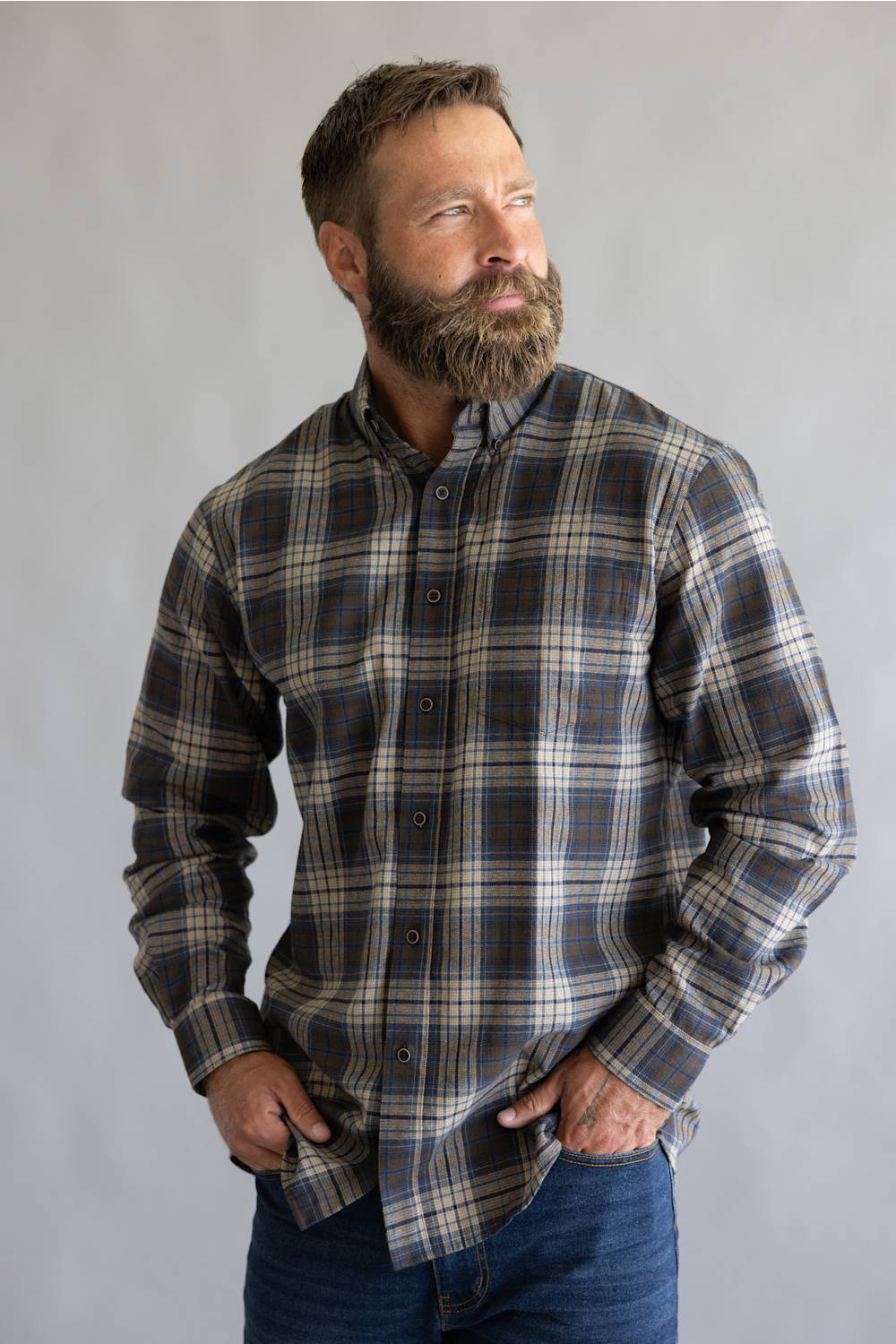 Brown and blue button down flannel shirt with long sleeves